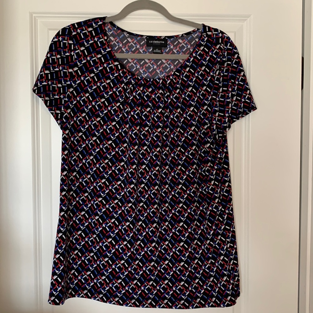 Liz Claiborne Career Women’s Blouse Size Large Tall Red White Blue